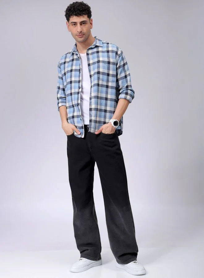 شركة المرآب الهندية Men Relaxed Fit Checkered Full Sleeves Cutaway Collar Resort Wear Shirt