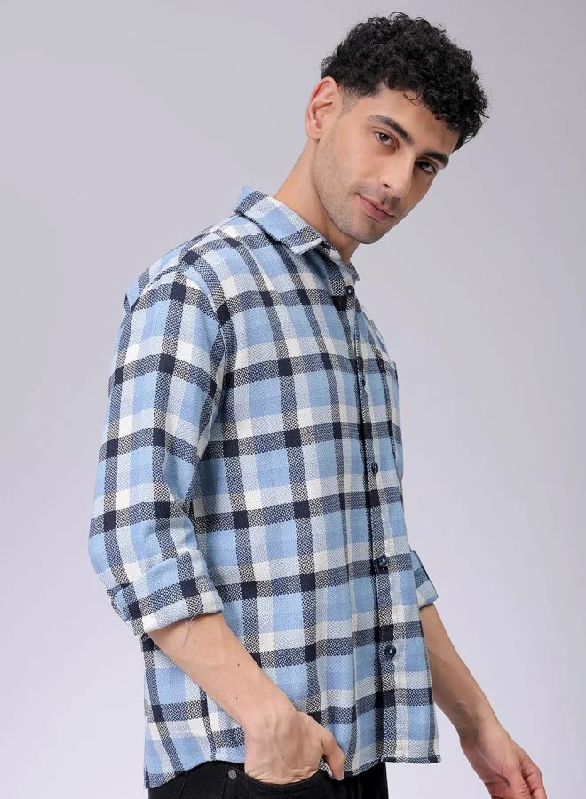 شركة المرآب الهندية Men Relaxed Fit Checkered Full Sleeves Cutaway Collar Resort Wear Shirt