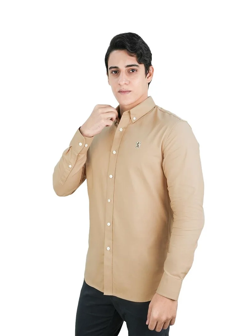 جيوردانو قميص أكسفورد قطني رجالي بتطريز أسد صغير، قصة ضيقة، بأزرار كاملة