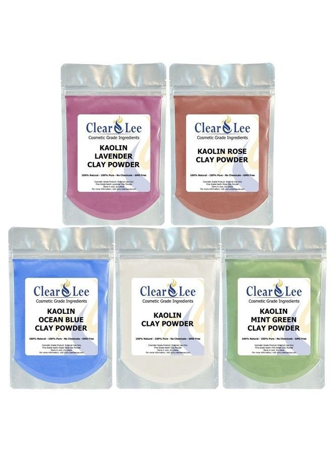 ClearLee - Kaolin Clay Cosmetic Grade Powder Sample 5 Pack (White, Rose, Ocean Blue, Mint Green, Lavender) - 100% Pure Natural Powder - Great For Skin Detox, Rejuvenation - DIY Clay Face Mask - Image 1