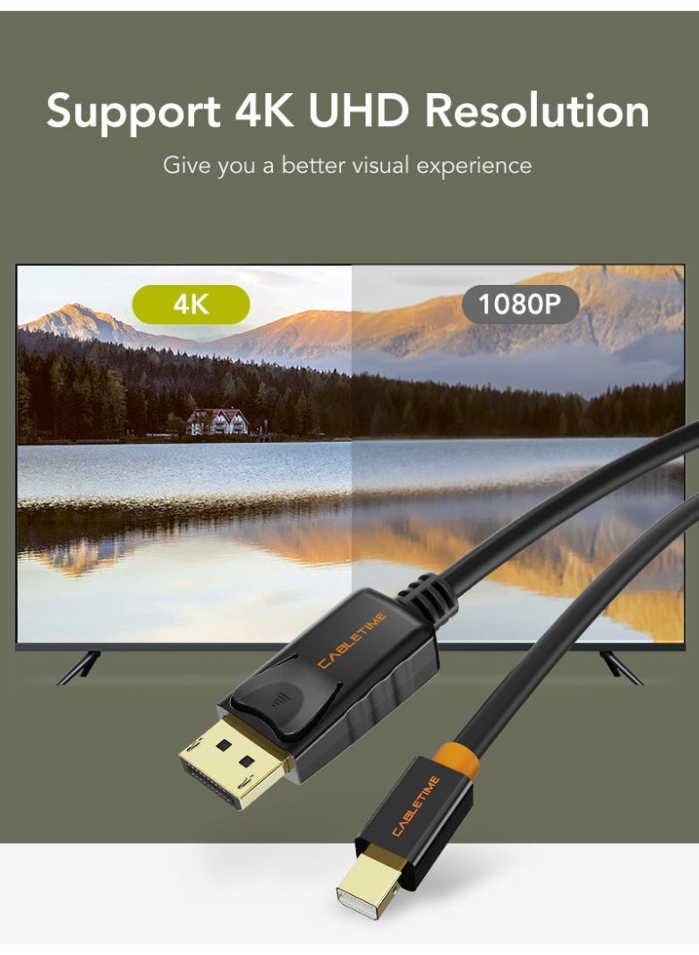 CABLETIME MINI DISPLAYPORT TO DISPLAYPORT CABLE 4K 60HZ THUNDERBOLT COMPATIBLE MDP TO DP MALE TO MALE CORD FOR PC LAPTOP MACBOOK MONITOR HIGH SPEED AUDIO VIDEO ADAPTER GOLD PLATED CONNECTORS DURABLE SHIELDED DESIGN | BLACK - Image 3