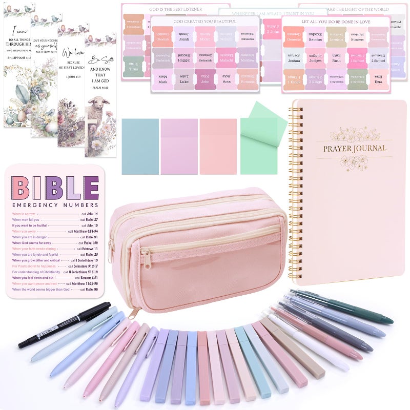 XKDOUS Bible Study Supplies Journaling Kit for Women Bible Study Kit 12 Pastel Highlighters and 12 Pens No Bleed 75 Laminated Tabs Prayer Journal Pencil Case and More Pink - Image 2