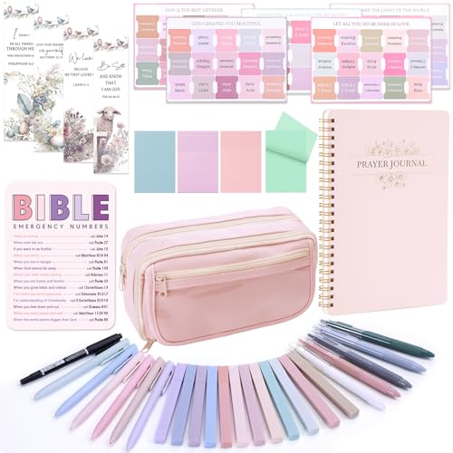 XKDOUS Bible Study Supplies Journaling Kit for Women Bible Study Kit 12 Pastel Highlighters and 12 Pens No Bleed 75 Laminated Tabs Prayer Journal Pencil Case and More Pink - Image 1