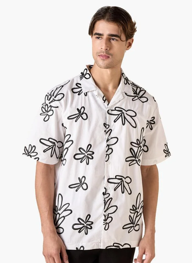 Splash FAV Floral Embroidered Relaxed Fit Shirt with Camp Collar and Short Sleeves