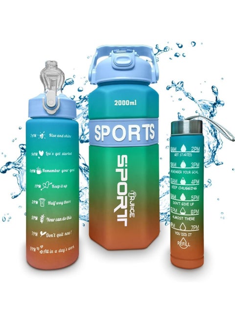 Sports Water Bottle with Straw - Set of 3, Leak Proof, 2000ml, 800ml, 300ml, 2L Water Bottle for Gym and Travel, BPA Free