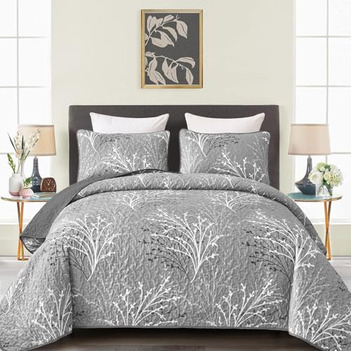 DJY Grey Quilt Set King Size Branch Botanical Pattern Bedspread Coverlet Set 3 Pieces Gray Floral Quilt Bedding Set Soft Lightweight Microfiber Reversible Bed Cover for All Season 110x90 - Image 1
