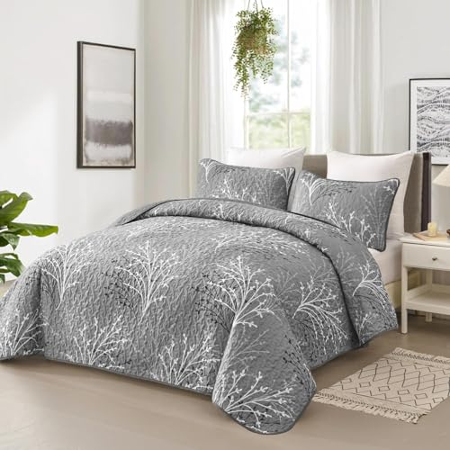 DJY Grey Quilt Set King Size Branch Botanical Pattern Bedspread Coverlet Set 3 Pieces Gray Floral Quilt Bedding Set Soft Lightweight Microfiber Reversible Bed Cover for All Season 110x90 - Image 3