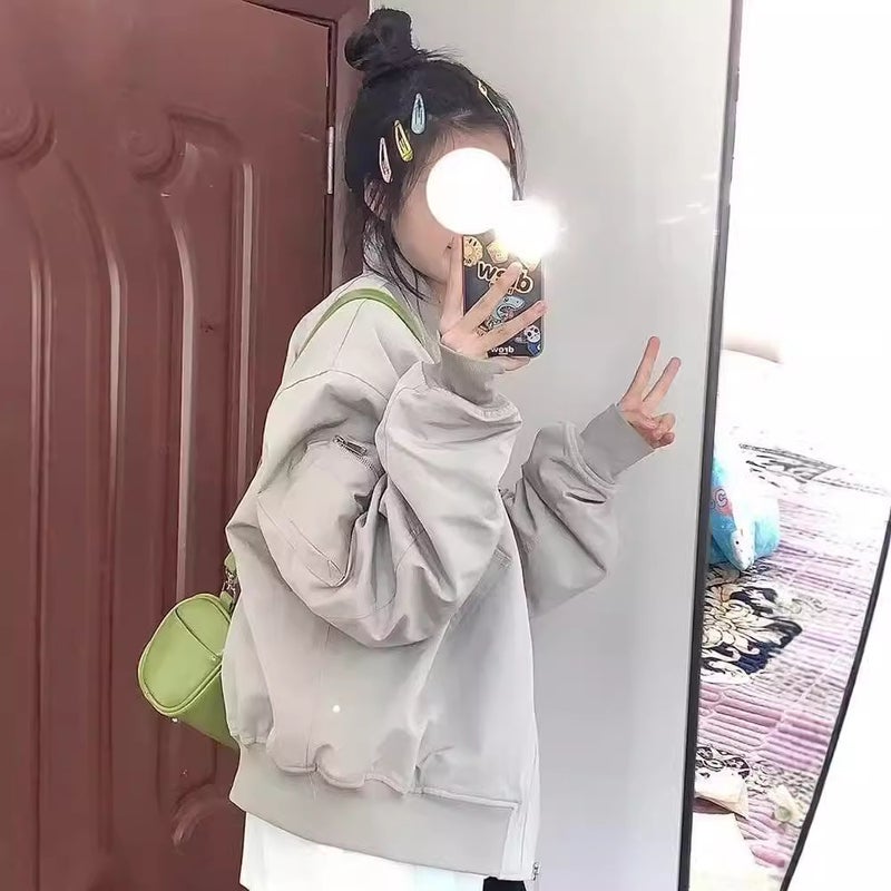 جاكيت تصميم إحساس نيش ستريت طيار لون صلب بدلة بيسبول معطف عتيق للنساء - Image 4
