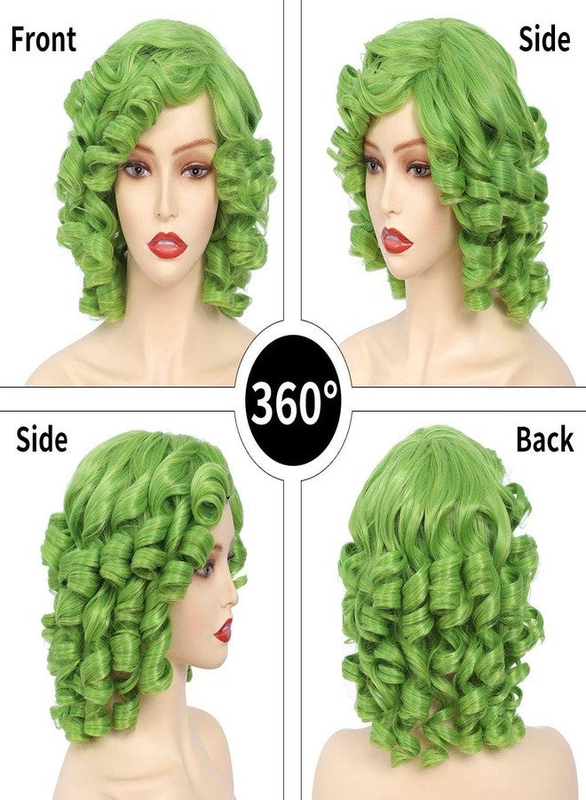 CLIONE Green Curly Wigs for Women Short Curly Wig with Bangs Afro Curly Synthetic Wig Short Fluffy Bouncy Curly Wigs Cosplay Party Costume Wigs - Image 2