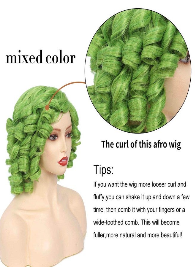 CLIONE Green Curly Wigs for Women Short Curly Wig with Bangs Afro Curly Synthetic Wig Short Fluffy Bouncy Curly Wigs Cosplay Party Costume Wigs - Image 3