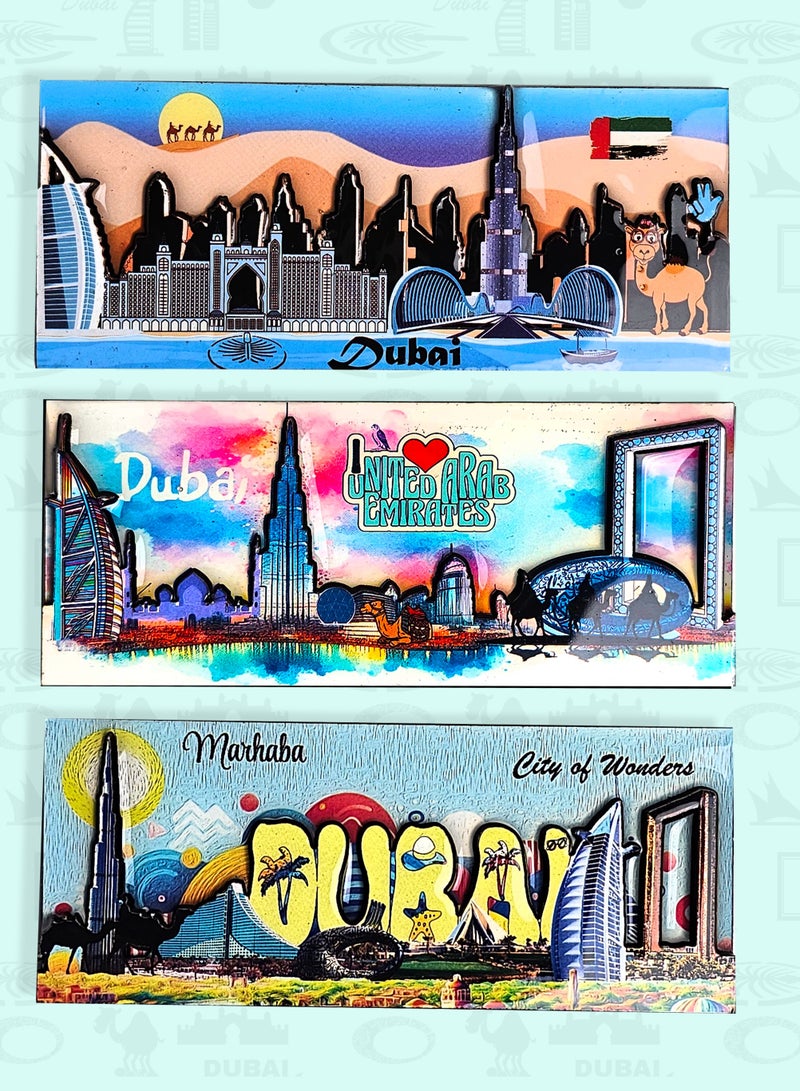 سوق الهدايا التذكارية مغناطيس ثلاجة خشبي من خشب MDF، 3 قطع (12×5 سم)، حجم كبير | تذكار من الإمارات العربية المتحدة، معالم دبي الشهيرة | طلاء إيبوكسي لامع، ديكور منزلي، للذكريات - Image 1