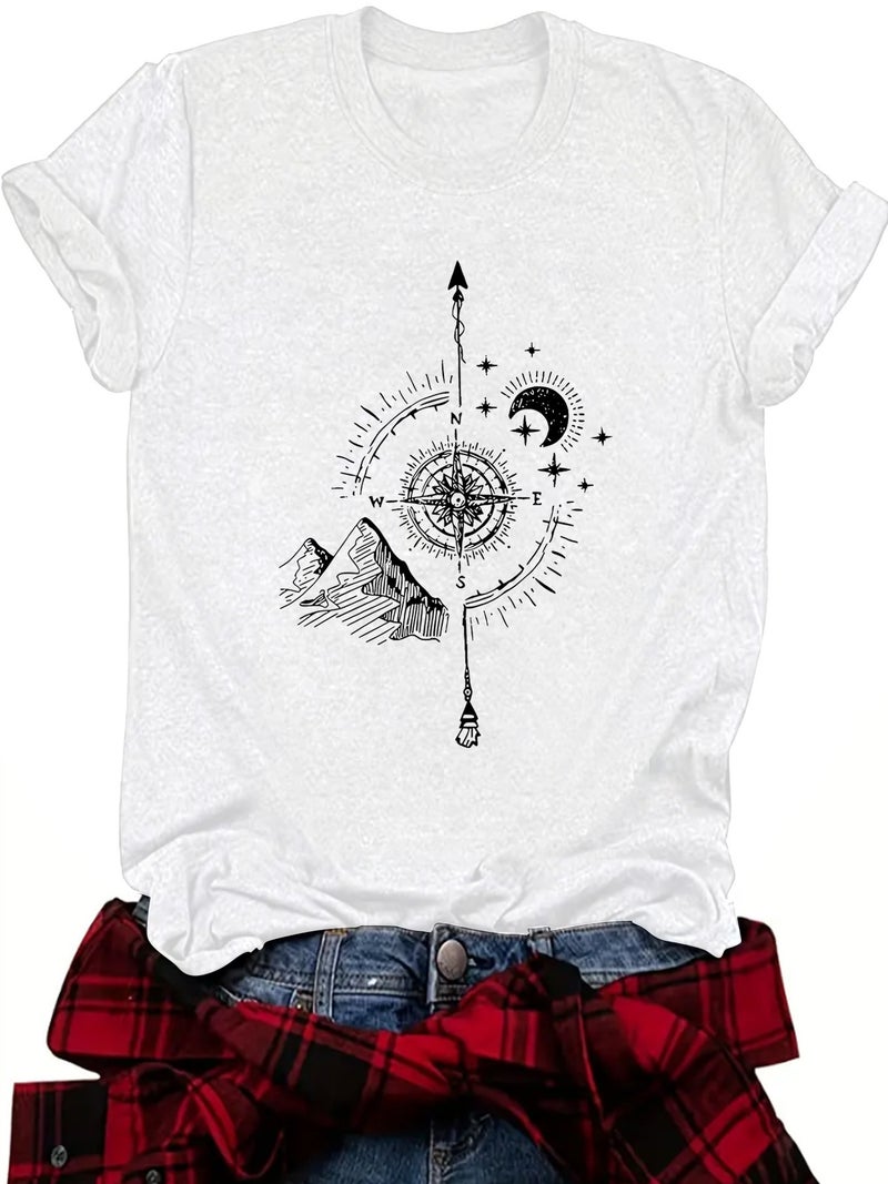Women'S Explosive Summer Women'S Moon Mountain Pattern Round Neck Short Sleeve Casual Fashion T-Shirt - Image 3