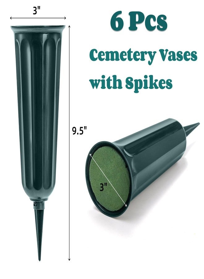 Goaste 6 Pack Cemetery Vases with Foam Inserts, Memorial Floral Vases with Spikes, Grave Flower Holder Cones for Outdoor Use, Lawn Headstone Graveside Decoration, Fresh or Artificial Flowers, Green - Image 2