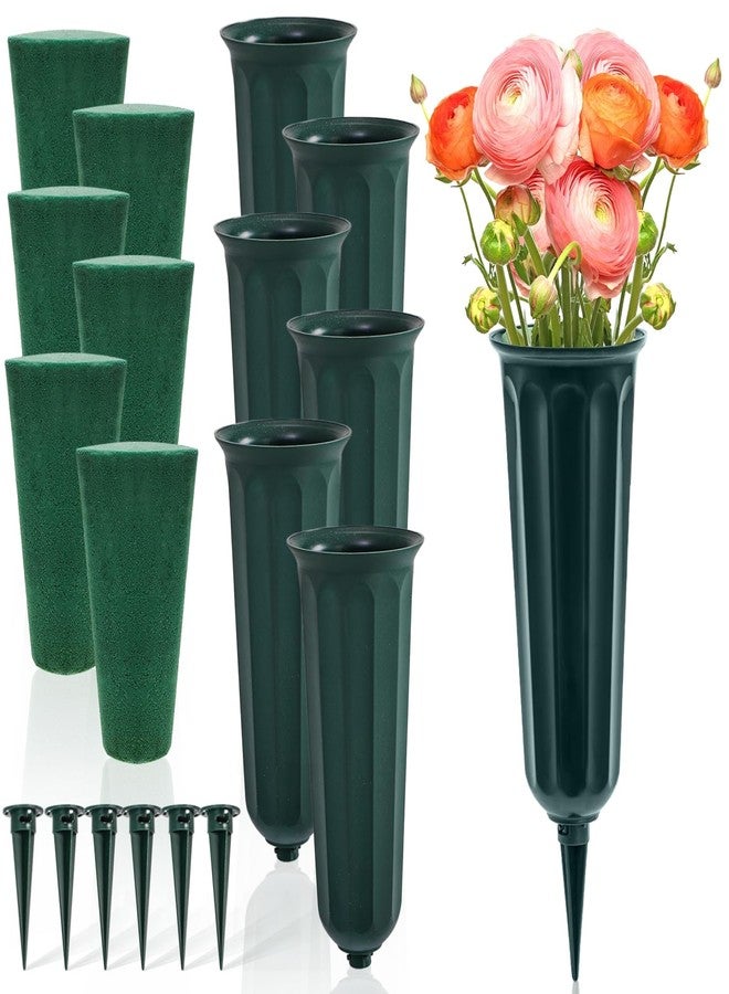 Goaste 6 Pack Cemetery Vases with Foam Inserts, Memorial Floral Vases with Spikes, Grave Flower Holder Cones for Outdoor Use, Lawn Headstone Graveside Decoration, Fresh or Artificial Flowers, Green - Image 1