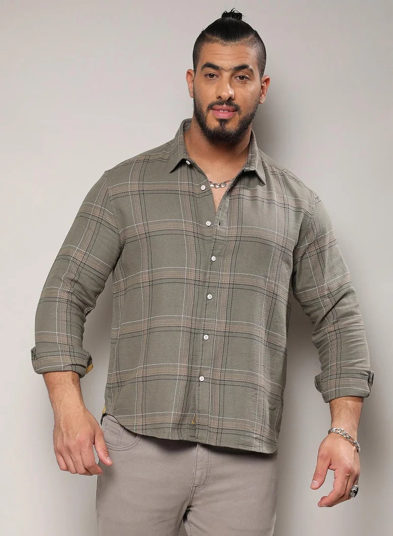 Instafab Plus Men's Olive Green Maxi Tartan Plaid Shirt For Casual Wear | Spread Collar | Long Sleeve | Button Closure | Cotton Shirt Crafted With Comfort Fit For Everyday Wear