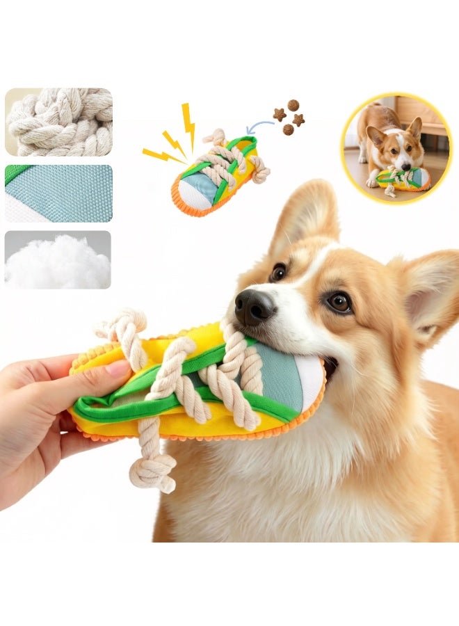 Squeaky Sneaker Dog Chew Toy - Bite-Resistant Durable Oxford Cloth Shoe Toy with Cotton Rope, Interactive Tug-of-War Puppy Toy with Bell & Squeaker, Boredom Relief Self-Pleasure Dental Teeth Cleaning Toy, Dopamine Yellow - Image 1