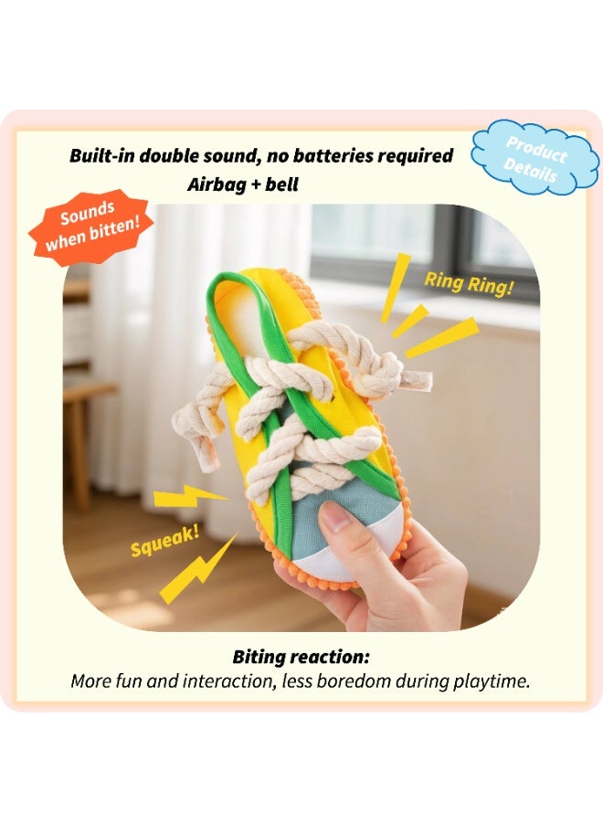 Squeaky Sneaker Dog Chew Toy - Bite-Resistant Durable Oxford Cloth Shoe Toy with Cotton Rope, Interactive Tug-of-War Puppy Toy with Bell & Squeaker, Boredom Relief Self-Pleasure Dental Teeth Cleaning Toy, Dopamine Yellow - Image 3