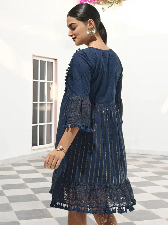 ISHIN navy blue Women'S Navy Cotton Blend Embellished Midi A-Line Straight Fit Dress for Women | Best Price UAE