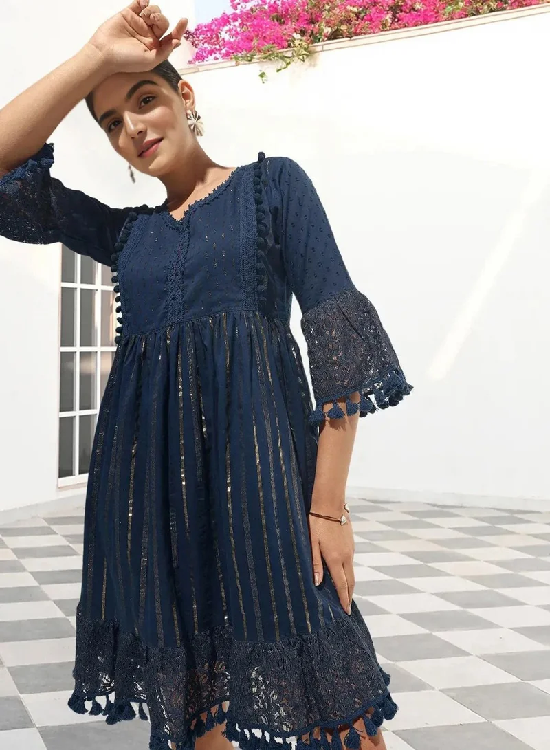 ISHIN Women'S Navy Cotton Blend Embellished Midi A-Line Straight Fit Dress