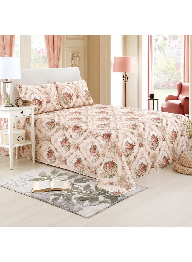 3-Piece 150 GSM Microfiber King Size Bed Sheet Set - Vintage Rose Damask Floral Print, Includes 1 Flat Sheet (270x250 CM) & 2 Pillowcases (50x75 CM) - Image 1