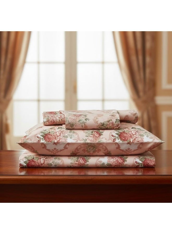 3-Piece 150 GSM Microfiber King Size Bed Sheet Set - Vintage Rose Damask Floral Print, Includes 1 Flat Sheet (270x250 CM) & 2 Pillowcases (50x75 CM) - Image 3