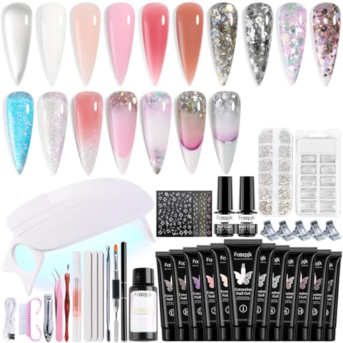Fcozpjk Poly Nail Gel Kit with UV Light 12 Colors Clear Nude Pink Iridescent Glitter Extension Gel Builder Gel Starter Kit Base Top Coat Set Slip Solution Nail Gel Kit for Beginners with Everything - Image 1