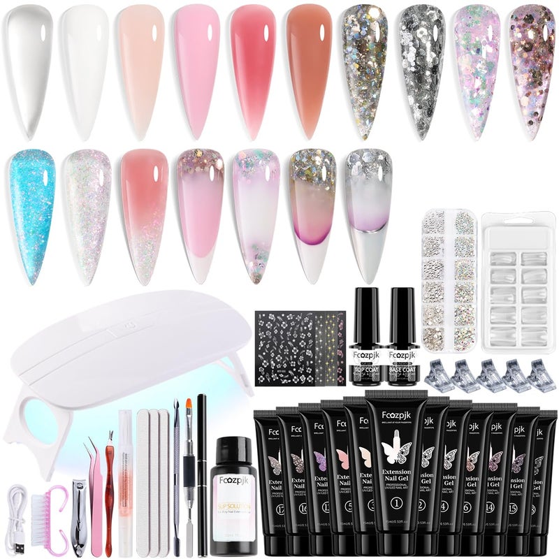 Fcozpjk Poly Nail Gel Kit with UV Light 12 Colors Clear Nude Pink Iridescent Glitter Extension Gel Builder Gel Starter Kit Base Top Coat Set Slip Solution Nail Gel Kit for Beginners with Everything - Image 2