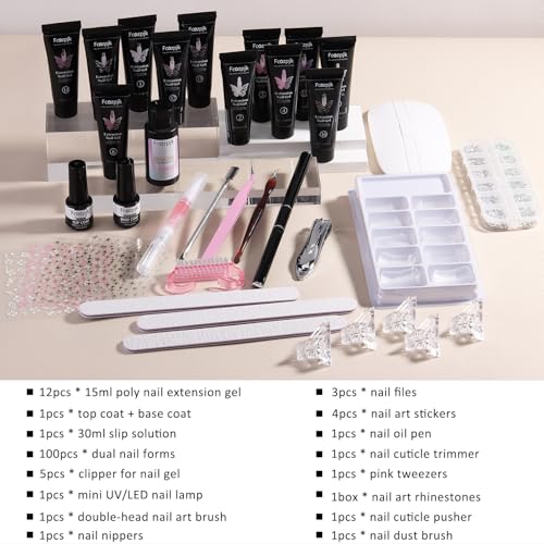 Fcozpjk Poly Nail Gel Kit with UV Light 12 Colors Clear Nude Pink Iridescent Glitter Extension Gel Builder Gel Starter Kit Base Top Coat Set Slip Solution Nail Gel Kit for Beginners with Everything - Image 3