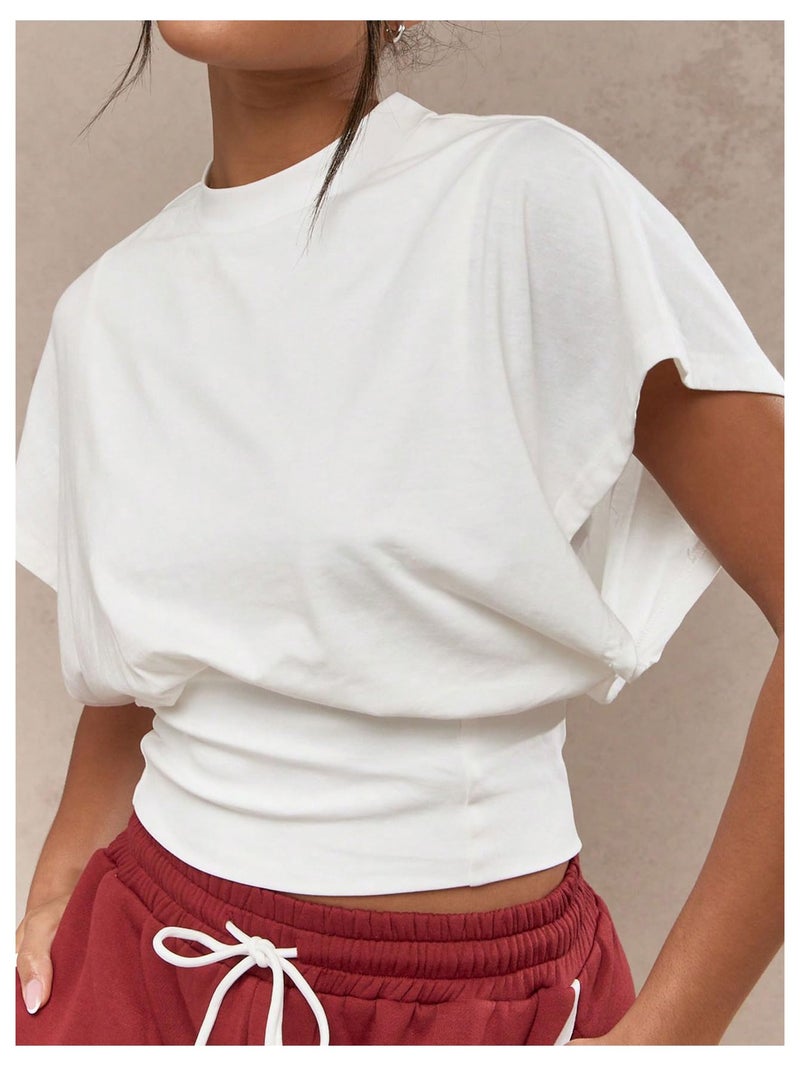 SHENHE Women's Cap Sleeve Dolman T Shirt Crew Neck Cinched Waist Loose Summer Crop Top White Medium - Image 3