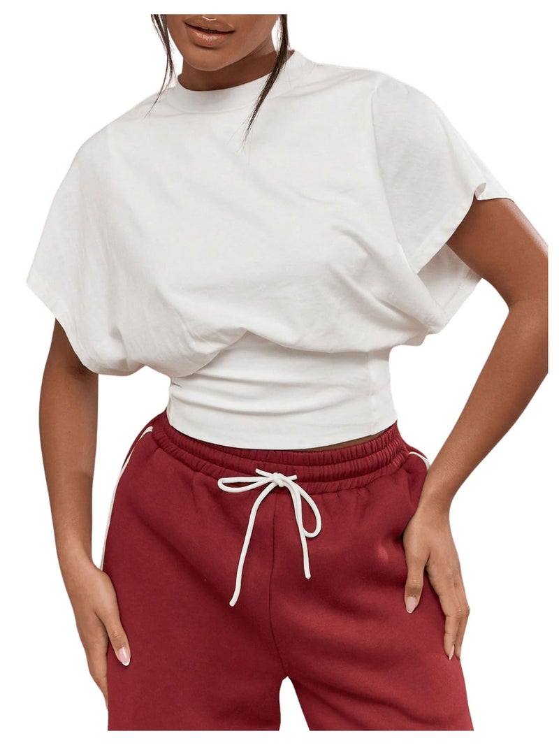 SHENHE Women's Cap Sleeve Dolman T Shirt Crew Neck Cinched Waist Loose Summer Crop Top White Medium - Image 1