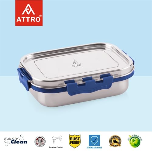 ATTRO Shine Medium Stainless Steel Lunch Box 2-Piece Set – 800ml + 150ml – Leak-Proof, BPA-Free, Compact & Durable – Ideal for Kids, Office, Travel – Blue - Image 3