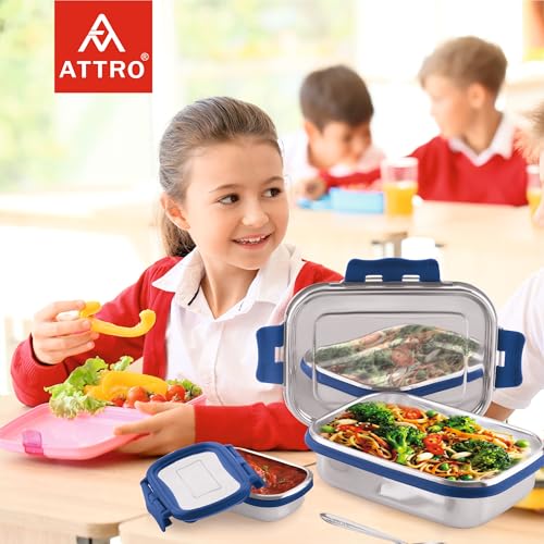 ATTRO Shine Medium Stainless Steel Lunch Box 2-Piece Set – 800ml + 150ml – Leak-Proof, BPA-Free, Compact & Durable – Ideal for Kids, Office, Travel – Blue - Image 2