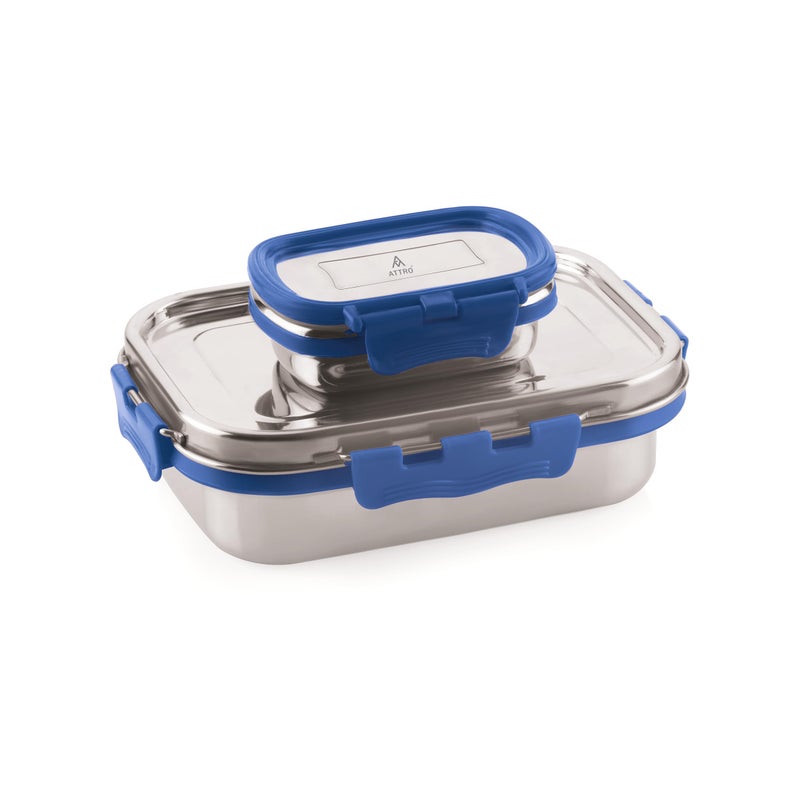 ATTRO Shine Medium Stainless Steel Lunch Box 2-Piece Set – 800ml + 150ml – Leak-Proof, BPA-Free, Compact & Durable – Ideal for Kids, Office, Travel – Blue - Image 5