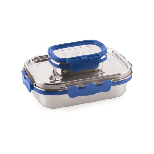 ATTRO Shine Medium Stainless Steel Lunch Box 2-Piece Set – 800ml + 150ml – Leak-Proof, BPA-Free, Compact & Durable – Ideal for Kids, Office, Travel – Blue - Image 1