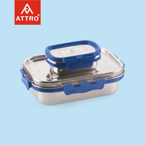 ATTRO Shine Medium Stainless Steel Lunch Box 2-Piece Set – 800ml + 150ml – Leak-Proof, BPA-Free, Compact & Durable – Ideal for Kids, Office, Travel – Blue - Image 4