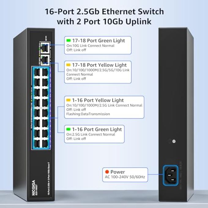 NICGIGA 10Gbe Ethernet Switch Unmanaged With 2 X 10Gb Rj45 Ports + 16 X 2.5Gb Base-T Ports, Desktop/19-Inch Rack Mount, Nicgiga 18 Port 10Gbps Network Switch For Wireless Ap, Nas, Pc - Image 5