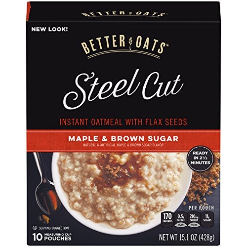 Better Oats Maple and Brown Sugar Steel Cut Oatmeal Packets, Instant Oatmeal Packets with Steel Cut Oats and Flax Seeds, Ready in 2.5 Minutes, Maple Brown Sugar Flavor, Pack of 6, 15.1 OZ Pack - Image 1