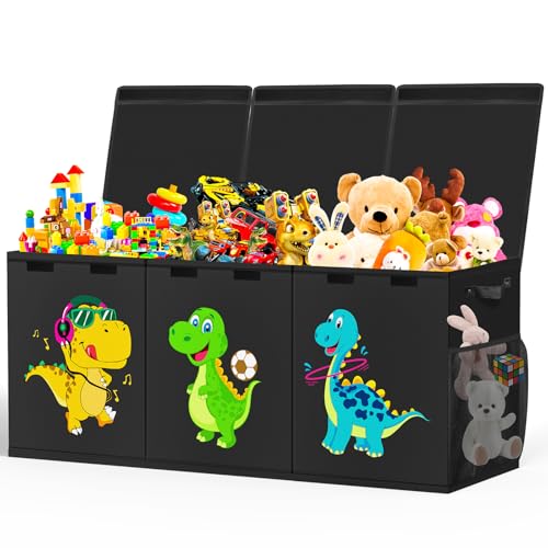 Beadsky Extra Large Toy Box Collapsible Toddlers Toy Chest Kids Storage Organizer Dinosaur Bin Boxes Storage Basket with Lids for Boys Girls Living Room Nursery Playroom 40x14x16 Black - Image 1