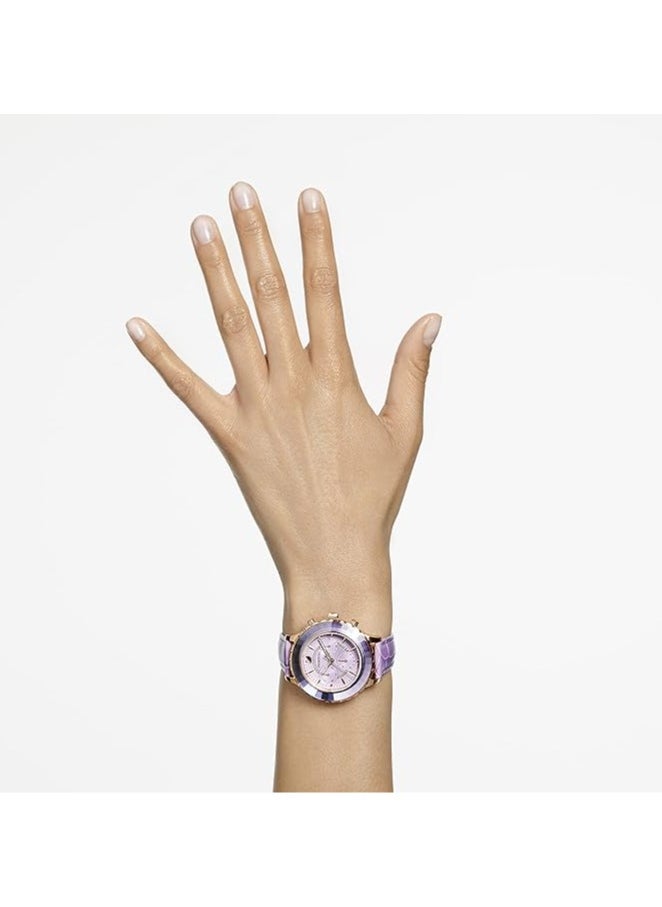SWAROVSKI - Octea Lux Chrono watch Leather strap, Purple, Rose gold-tone finish - Image 1