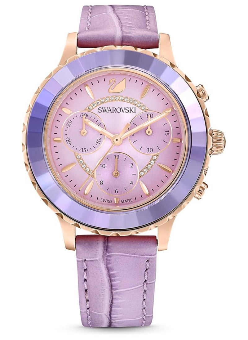 SWAROVSKI - Octea Lux Chrono watch Leather strap, Purple, Rose gold-tone finish - Image 1