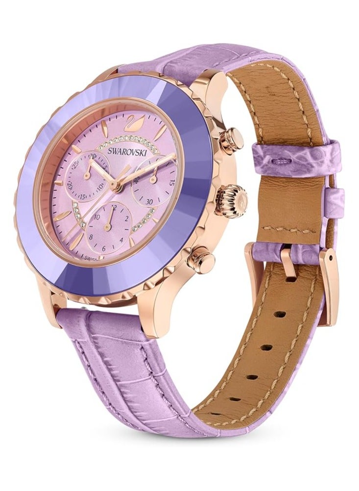 SWAROVSKI - Octea Lux Chrono watch Leather strap, Purple, Rose gold-tone finish - Image 1