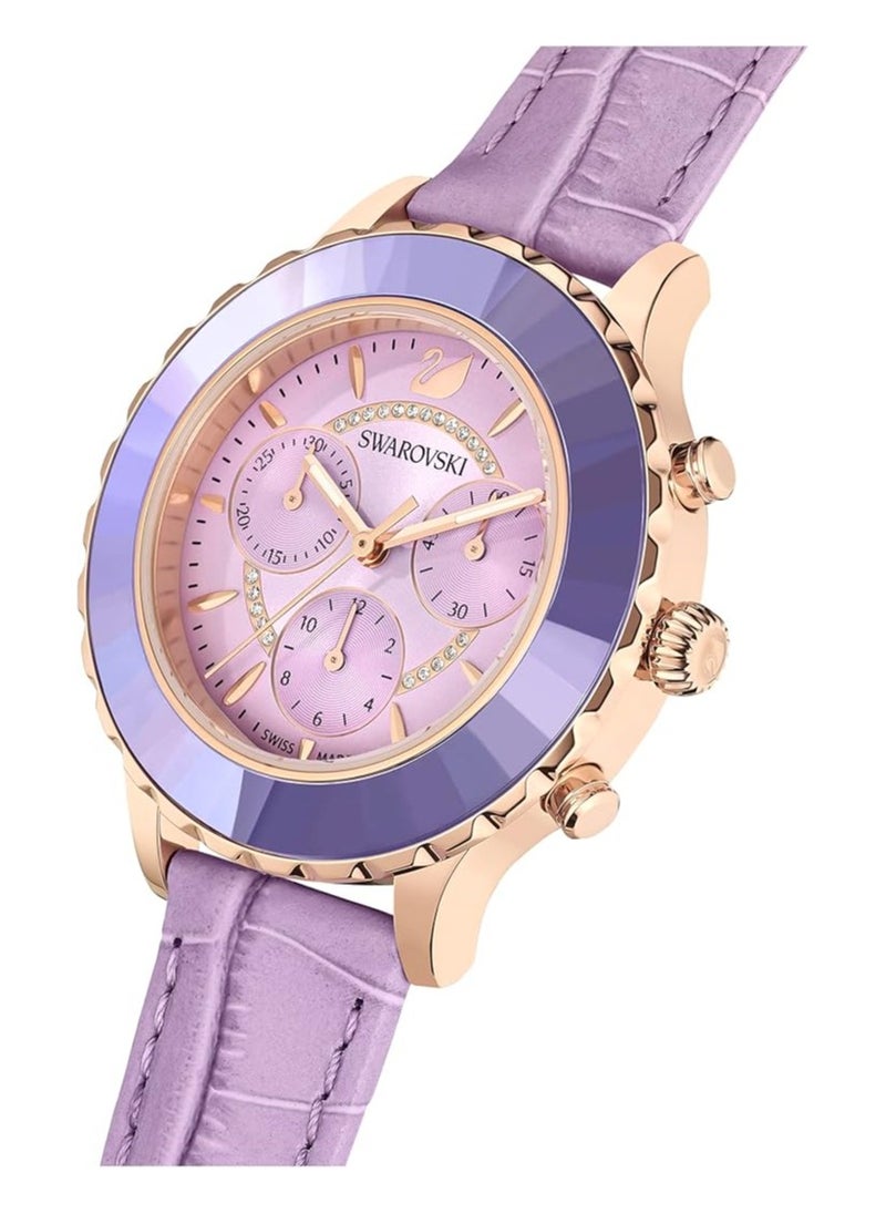 SWAROVSKI - Octea Lux Chrono watch Leather strap, Purple, Rose gold-tone finish - Image 1