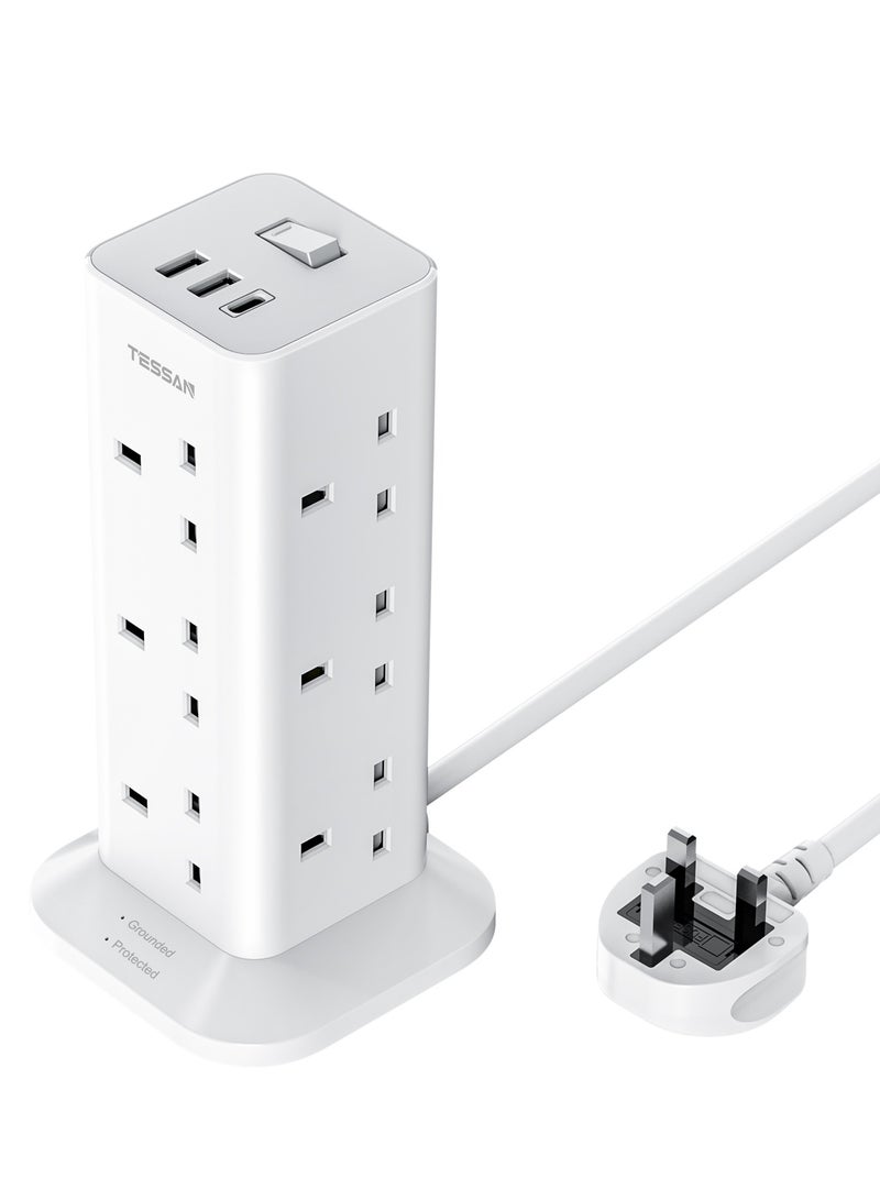 TESSAN Tower Extension Lead 3M With USB C Slots, TESSAN 12 Way Plug Extension Socket With 3 USB Ports, Multi Plug With Switch (13A 3250W), Anti Slip Pad Power Strip TESSAN 15 IN 1 Tower Extension Lead 12 AC Outlets, 2 USB-A, 1 USB-C For Office, Home, School & Kitchen Supplies White - Image 1