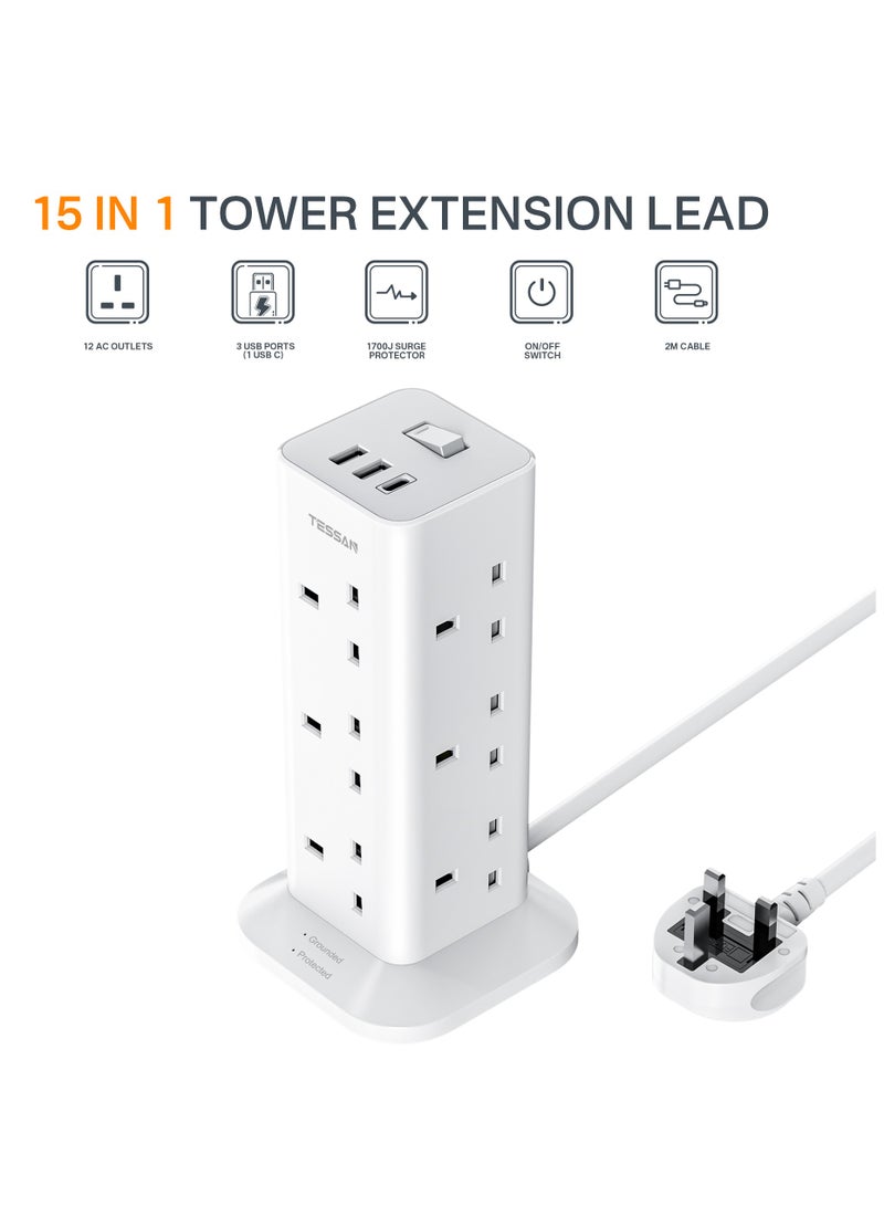 TESSAN Tower Extension Lead 3M With USB C Slots, TESSAN 12 Way Plug Extension Socket With 3 USB Ports, Multi Plug With Switch (13A 3250W), Anti Slip Pad Power Strip TESSAN 15 IN 1 Tower Extension Lead 12 AC Outlets, 2 USB-A, 1 USB-C For Office, Home, School & Kitchen Supplies White - Image 2