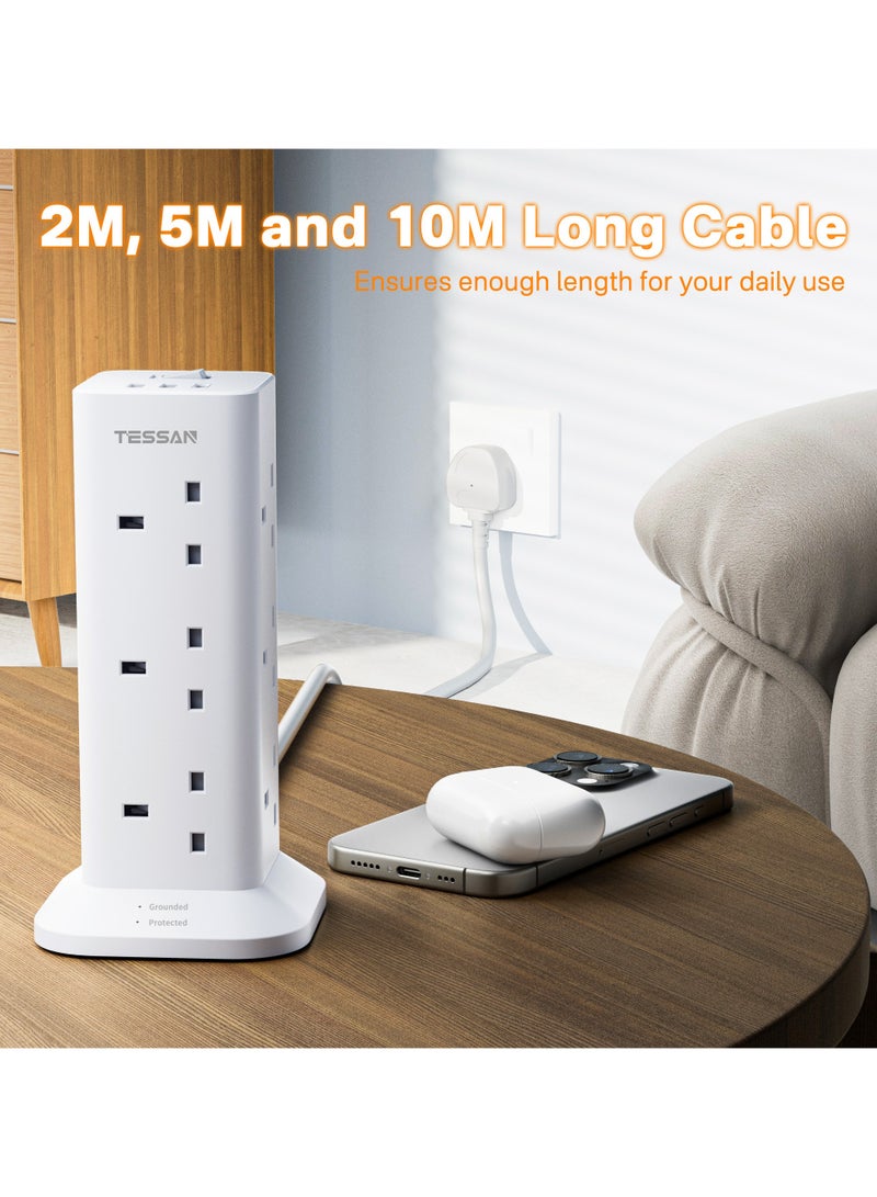 TESSAN Tower Extension Lead 3M With USB C Slots, TESSAN 12 Way Plug Extension Socket With 3 USB Ports, Multi Plug With Switch (13A 3250W), Anti Slip Pad Power Strip TESSAN 15 IN 1 Tower Extension Lead 12 AC Outlets, 2 USB-A, 1 USB-C For Office, Home, School & Kitchen Supplies White - Image 3