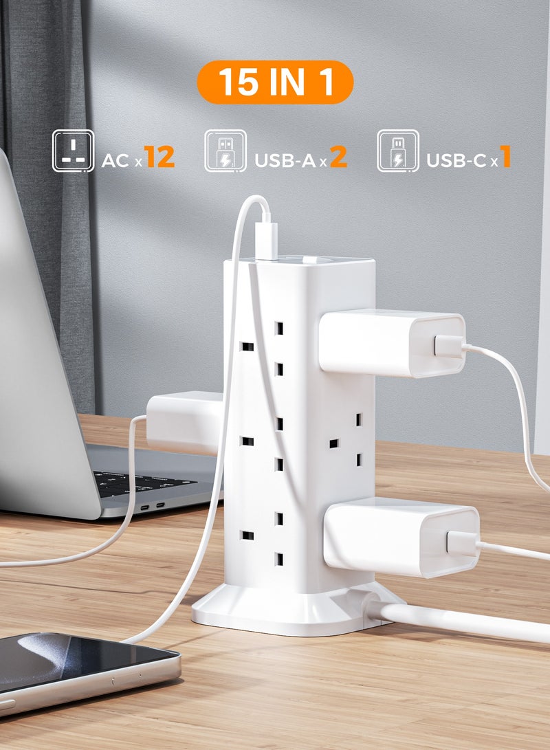 TESSAN Tower Extension Lead 3M With USB C Slots, TESSAN 12 Way Plug Extension Socket With 3 USB Ports, Multi Plug With Switch (13A 3250W), Anti Slip Pad Power Strip TESSAN 15 IN 1 Tower Extension Lead 12 AC Outlets, 2 USB-A, 1 USB-C For Office, Home, School & Kitchen Supplies White - Image 4