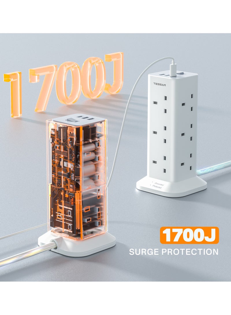 TESSAN Tower Extension Lead 3M With USB C Slots, TESSAN 12 Way Plug Extension Socket With 3 USB Ports, Multi Plug With Switch (13A 3250W), Anti Slip Pad Power Strip TESSAN 15 IN 1 Tower Extension Lead 12 AC Outlets, 2 USB-A, 1 USB-C For Office, Home, School & Kitchen Supplies White - Image 5