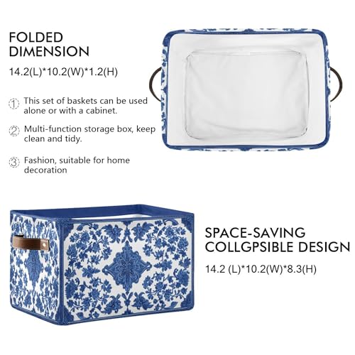 Wamika Blue White Porcelain Storage Basket with Waterproof Liner and PU Handles Flowers Storage Bins Boxes 142 Collapsible Decorative Organizer Baskets for Bedroom Closet Office 1 Pack - Image 3