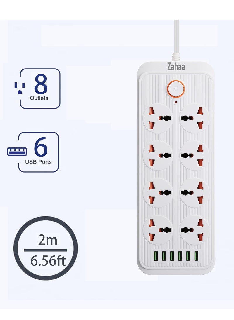 زها Zahaa l Extension الحبل مع 8 مقبس كهربائي و 8 فتحات USB 6 متر ، شريط الطاقة 8 طرق مع فتحة شحن USB من النوع8 ، الرصاص التمديد - الأبيض 2 متر  - Image 1
