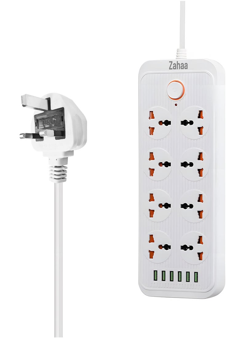 زها Zahaa l Extension الحبل مع 8 مقبس كهربائي و 8 فتحات USB 6 متر ، شريط الطاقة 8 طرق مع فتحة شحن USB من النوع8 ، الرصاص التمديد - الأبيض 2 متر  - Image 3